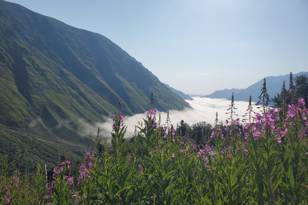 Paysage montagnard avec des nuages au dessus d'une vallée