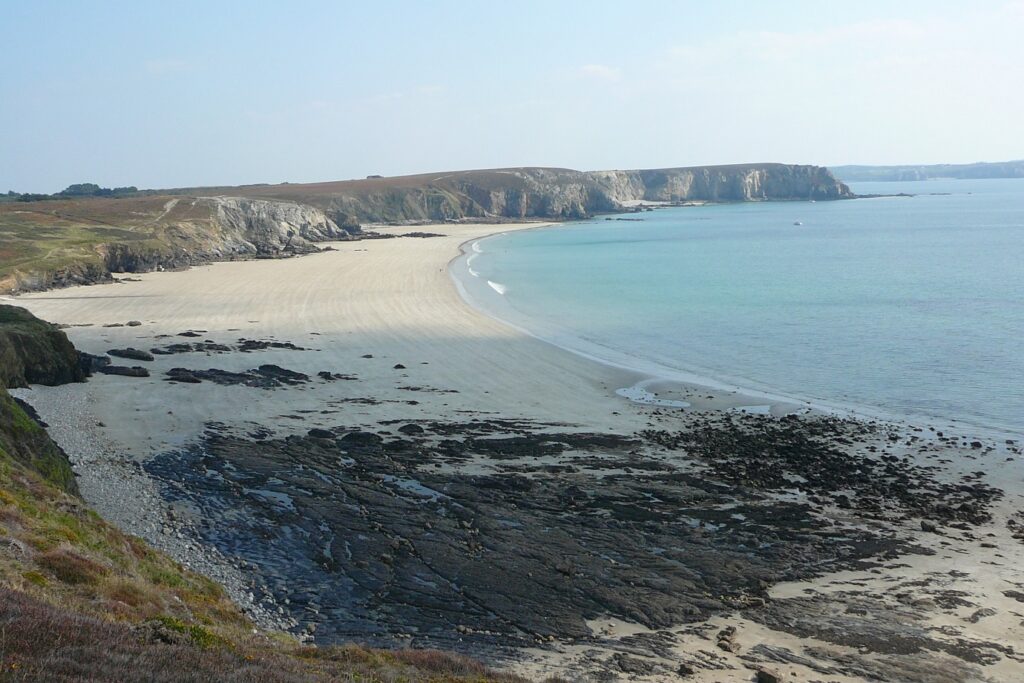 Paysage de bord d'océan avec l'eau sur la droite et la plage sur la gauche, ainsi que des sommets et des falaises en fond
