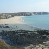 Paysage de bord d'océan avec l'eau sur la droite et la plage sur la gauche, ainsi que des sommets et des falaises en fond