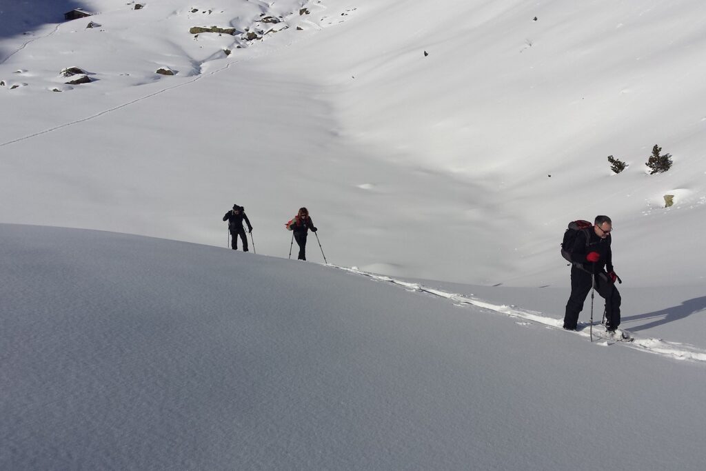 Groupe de randonneurs en raquettes avec leur guide sur l'altiplano du Capcir