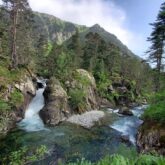 Paysage d'une cascade de montagne dans une forêt entre Gavarnie et Cauterets