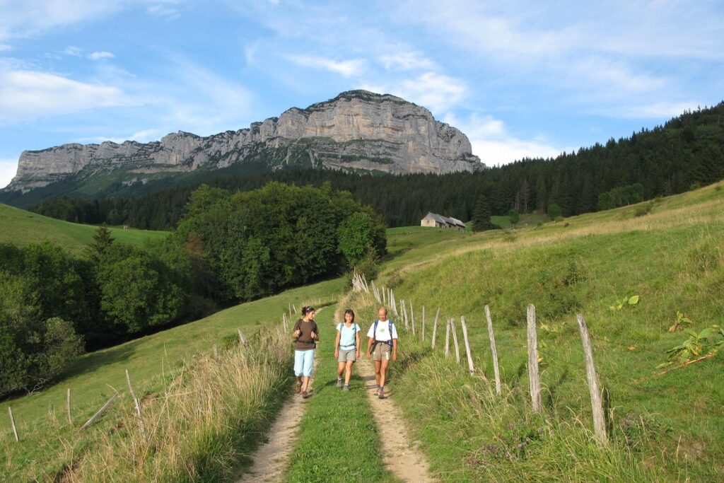 groupe de randonneurs sur un sentier de randonnée avec leur guide dans le parc de la Chartreuse