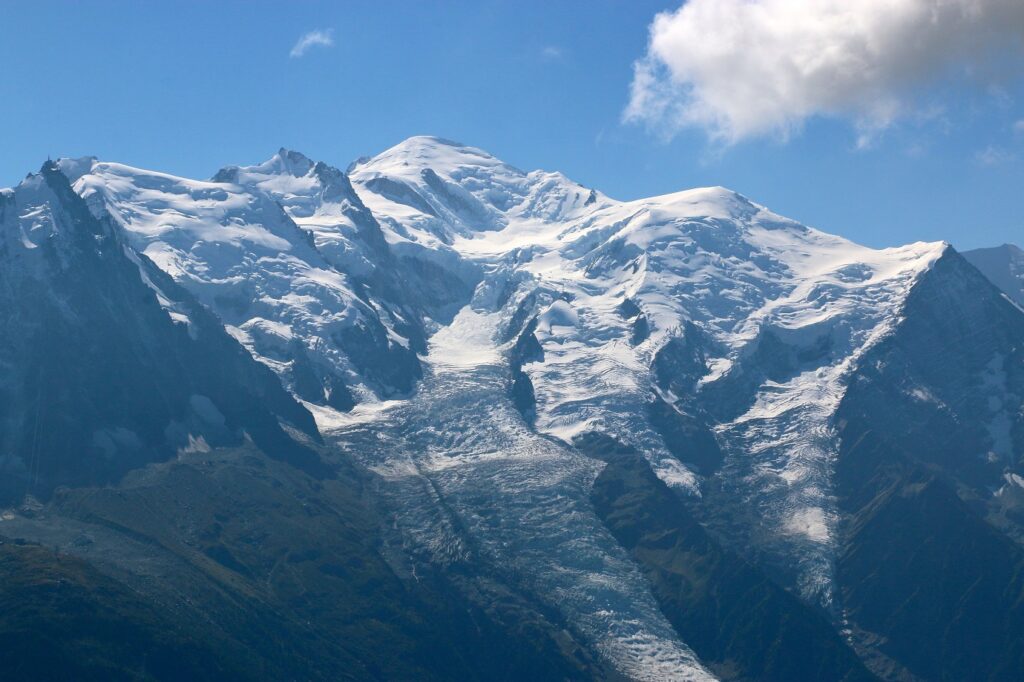 Paysage de montagne avec le glacier en fond et les sommets couverts de neige.