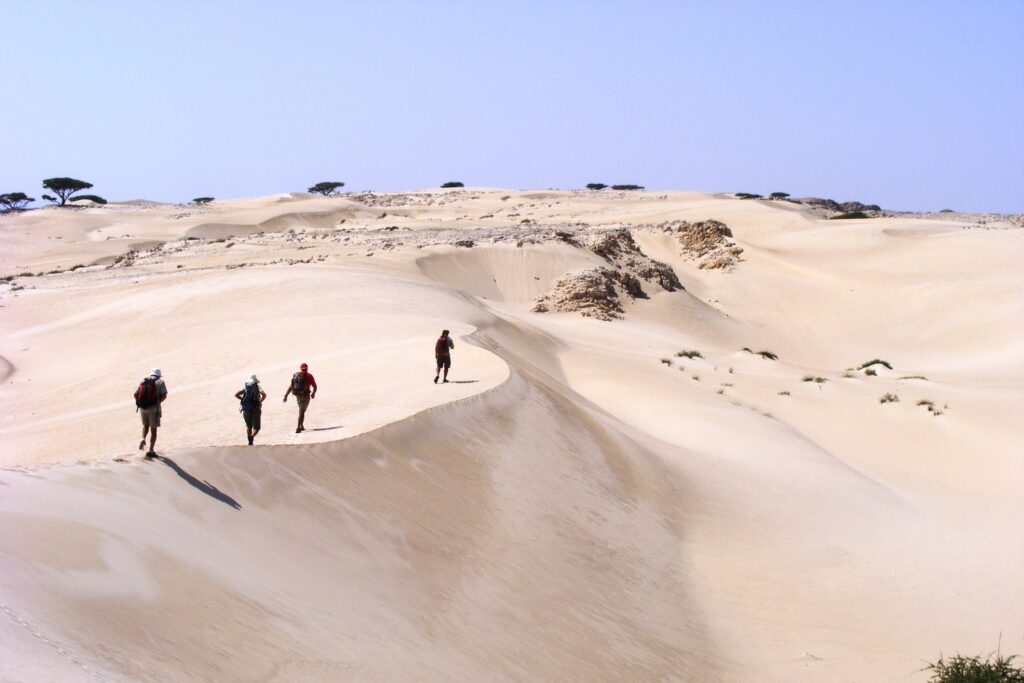 Dune de sable blanc d'Oman avec un groupe de randonneurs qui marche sur la crête