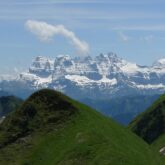 Paysage de montagne dans le massif du Chablais avec en fond des sommets enneigés et au premier plan des sommets couverts de végétation
