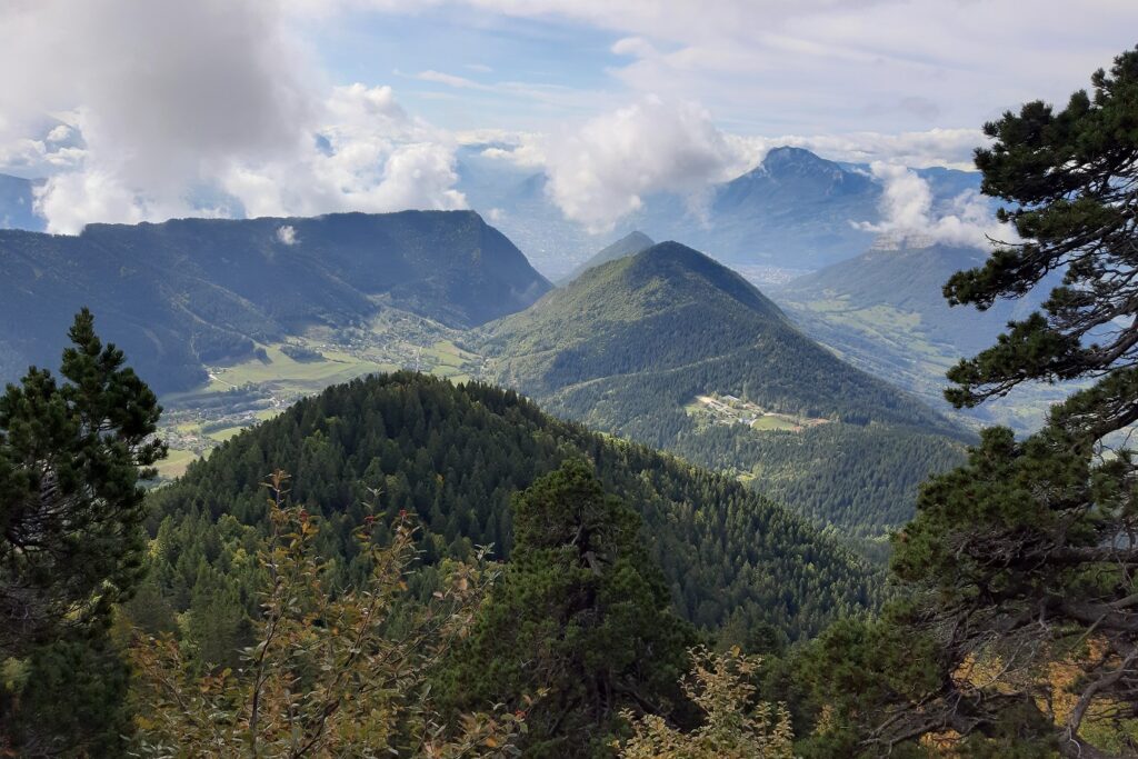 Paysage de montagne avec différents sommets et vallées recouverts d'arbres verdoyants dans le Vercors.