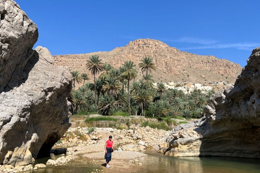 Un wadis au premier plan avec une personne devant et au second plan on voit une montagne avec des palmiers devant