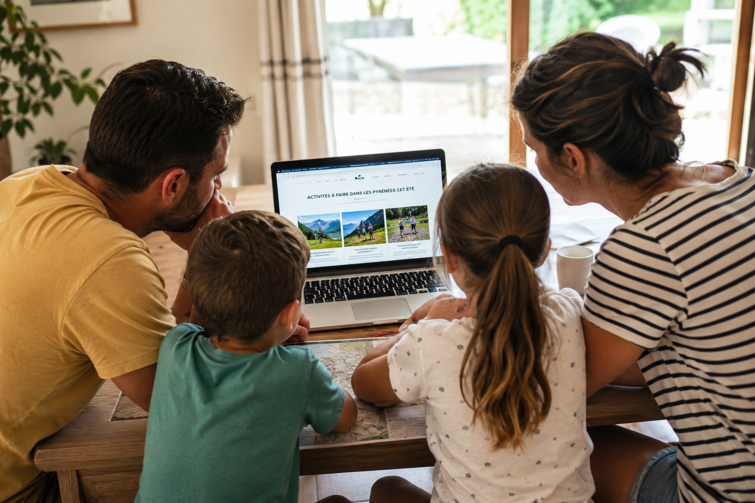 Famille en train de chercher des idées pour leurs vacances dans les Pyrénées