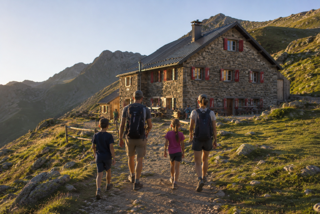 Famille arrivent dans un refuge dans les Pyrénées après une randonnée