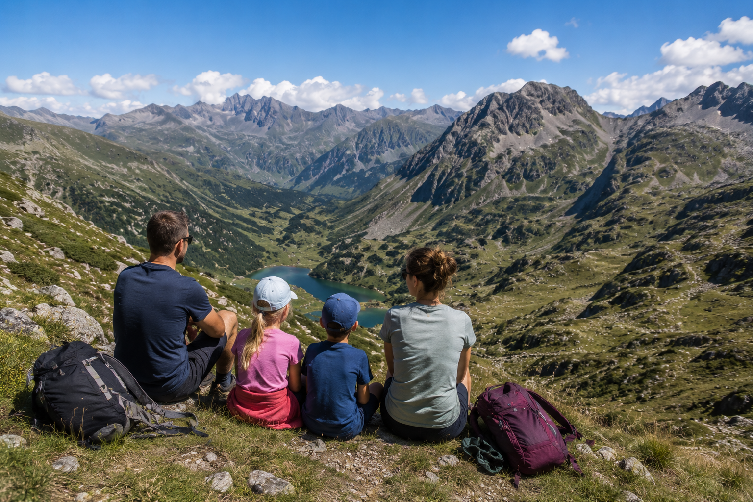 Famille de randonneurs avec vue sur un lac et les Pyrénées