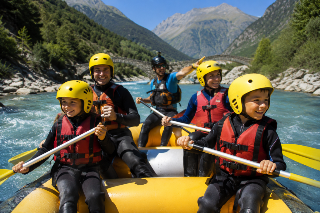 Famille en train de faire du rafting dans les Pyrénées. Ils profitent de leurs vacances d'été.