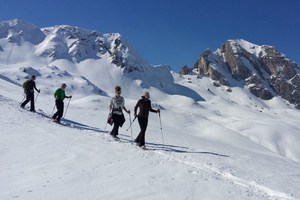 Quatre randonneurs en raquettes sur la neige fraîche, au pied de sommets rocheux sous un ciel bleu
