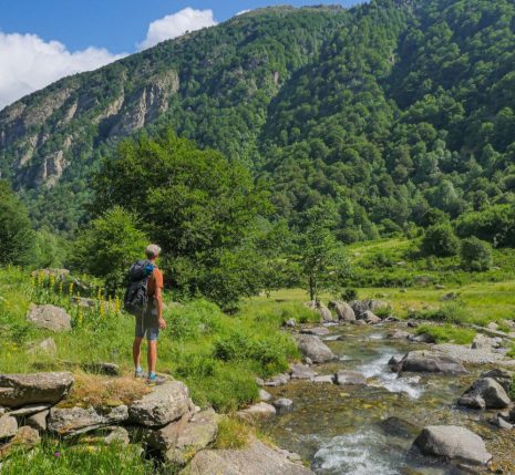 Randonneur au bord d'un cours d'eau qui regarde la montagne autour