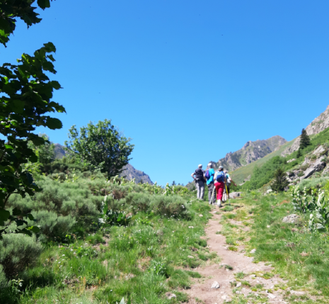 Groupe de randonneurs sur un sentier du GR10 au cours de l'étape 5 entre Bagnères-de-Luchon et Aullus-les-Bains