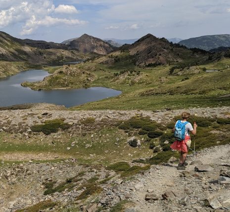 Groupe de randonneurs sur un sentier avec leur guide, paysage de montagne avec un lac en contrebas
