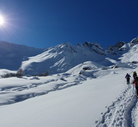 Groupe de randonneurs sur un sentier de randonnée avec en fond des sommets couverts de neige.