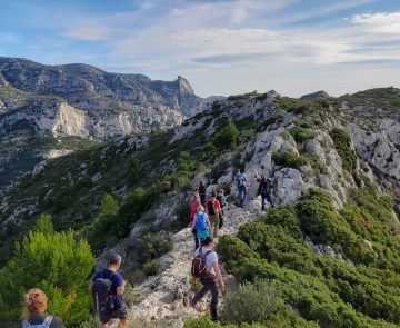 Groupe de randonneurs sur un sentier de randonnée sur des crêtes de montagnes encadré de végétation des deux côtés