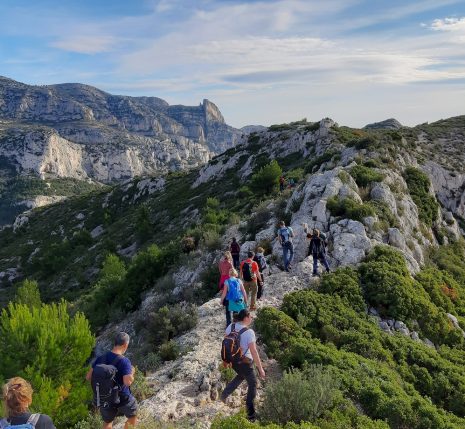 Groupe de randonneurs sur un sentier de randonnée sur des crêtes de montagnes encadré de végétation des deux côtés