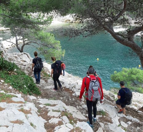 Groupe de randonneurs avec leur guide sur un sentier de randonnée, avec en contrebas la mer