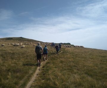 Groupe de famille sur un sentier avec leur guide lors d'une randonnée familiale entre Gavarnie et Cauterets