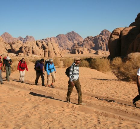 Groupe de randonneurs sur un sentier dans le désert du Wadi Rum