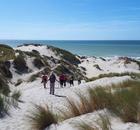 Groupe de randonneurs marchant dans le sable blanc sur une plage de la baie de Somme