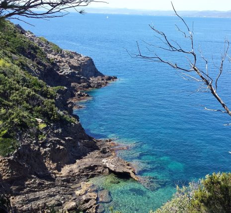 Paysage de littoral avec de l'eau turquoise en contrebas et des rochers de part et d'autre d'une petite crique
