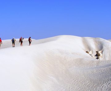 Paysage de sable blanc à Oman avec un groupe de randonneurs et leur guide qui marchent sur les dunes