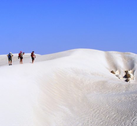 Paysage de sable blanc à Oman avec un groupe de randonneurs et leur guide qui marchent sur les dunes