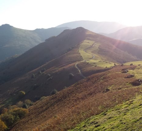 Paysage du Pays Basque éclairé par le soleil d'été, avec une crète tout le long de la montagne