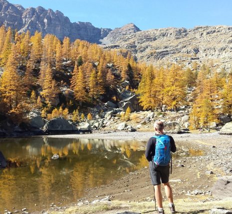 rando-mercantour-etoile Randonneur face à un lac dans le Mercantour, avec face à lui une forêt surplombée par des montagnes