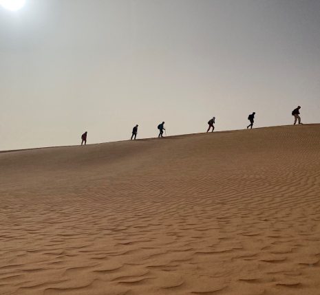 groupe de randonneurs sur la crête des dunes dans le désert de Mauritanie