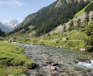 Paysage de la vallée à Cauterets avec un cours d'eau qui passe