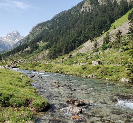 Paysage de la vallée à Cauterets avec un cours d'eau qui passe