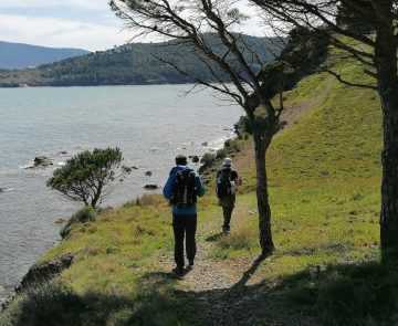 Randonneurs avançant sur un sentier côtier entouré de végétation lors d'une randonnée entre Collioure et Cadaques non accompagnés