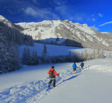 raquettes-en-gite-tour-queyras Groupe de randonneurs sur un sentier de randonnée dans le massif du Queyras