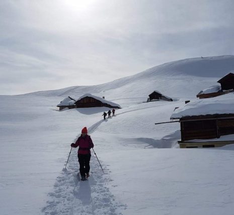 Groupe de randonneurs sur un sentier de randonnée dans la neige en hiver