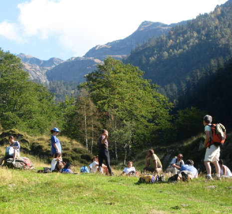 Groupe de randonneurs en montagne lors de leur randonnée avec leur guide