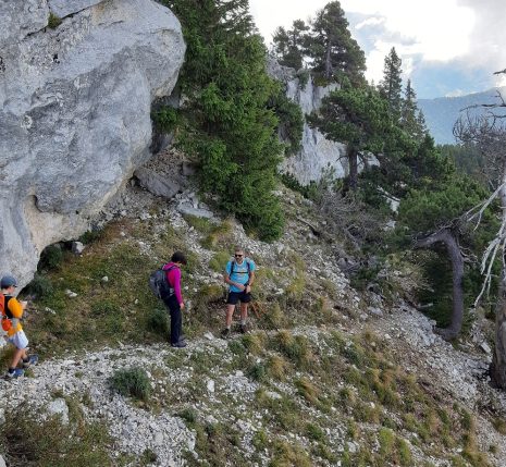 sejour-les-plus-beaux-sommets-vercors Groupe de randonneurs sur un sentier de randonnée avec leur guide lors d'un séjour en étoiles dans le Vercors