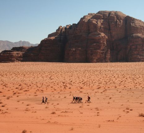 Groupe de randonneurs vu de loin qui marchent à travers le sable du désert du Wadi Rum avec en fond un sommet en pierre. On voit sur ce paysage de Jordanie beaucoup de couleurs orangées