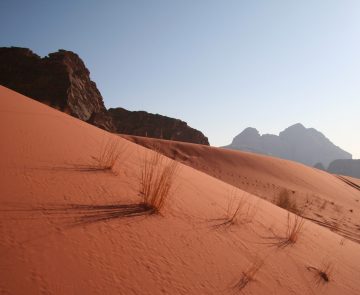Paysage de la couleur rosée du sable au soleil, avec des sommets montagneux en fond