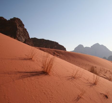 Paysage de la couleur rosée du sable au soleil, avec des sommets montagneux en fond