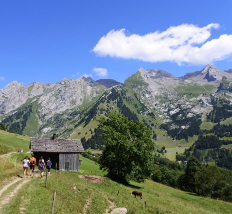 Paysage de montagne dans les Aravis avec des sommets en fond