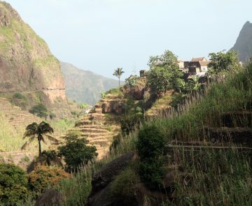 Paysage tout suspendu avec des maisons et des constructions à flanc de montagne ainsi qu'une structure de culture en terrasse