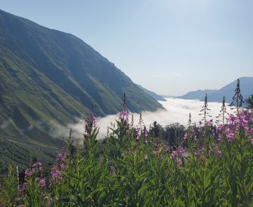 Paysage montagnard avec des nuages au dessus d'une vallée