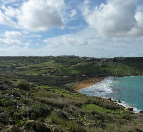 Paysage côtier à Malte avec une plage et de l'eau turquoise qui sort du lot, encadré par de grandes forêts