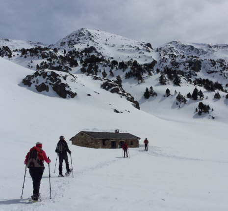 Groupe de marcheurs se dirigeant vers une cabane en pierre dans une étendue de neige avec un fond montagneux.