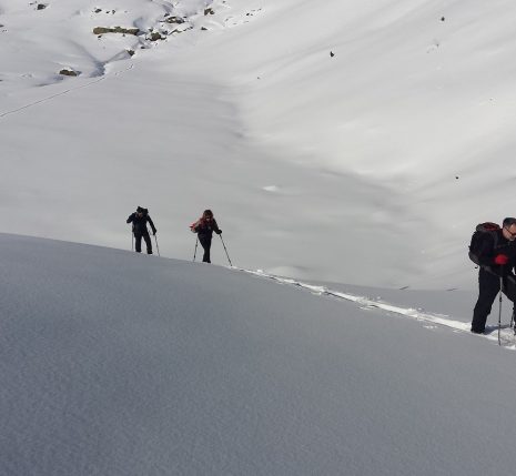 Groupe de randonneurs en raquettes avec leur guide sur l'altiplano du Capcir