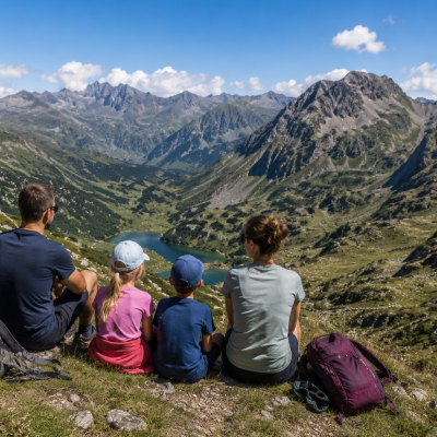 Famille de randonneurs avec vue sur un lac et les Pyrénées