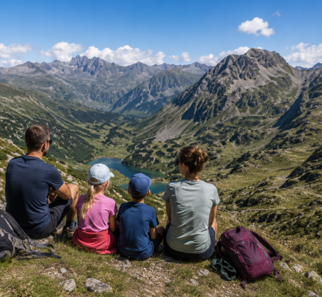 Famille de randonneurs avec vue sur un lac et les Pyrénées